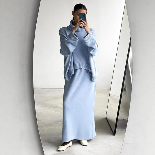 Veloretta™ – Ensemble 2 Pièces Pull Col Roulé & Jupe Tricotée