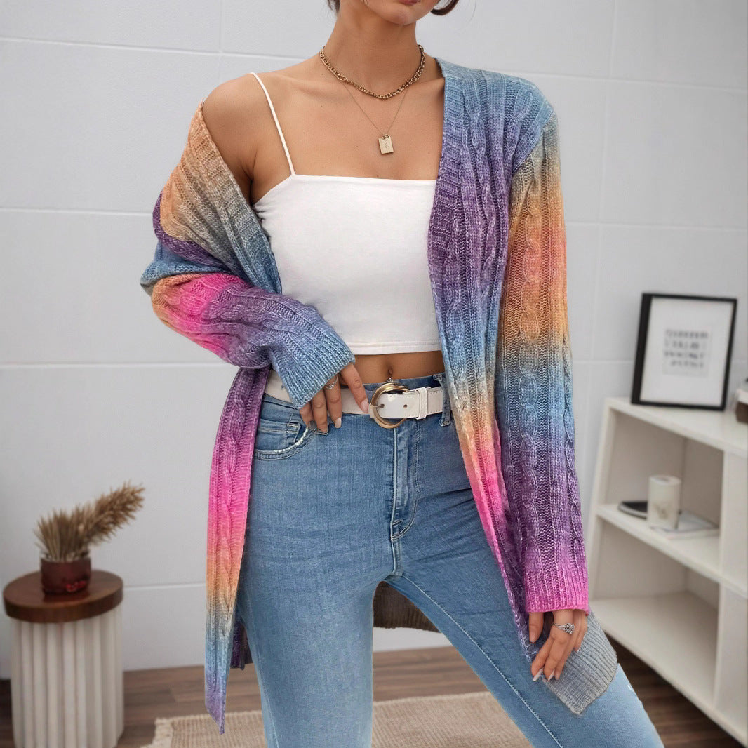 Veloretta™ – Gilet Long Tricoté à Motif Dégradé