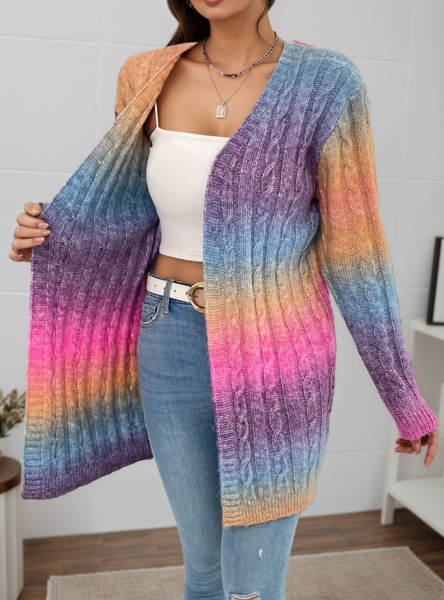 Veloretta™ – Gilet Long Tricoté à Motif Dégradé